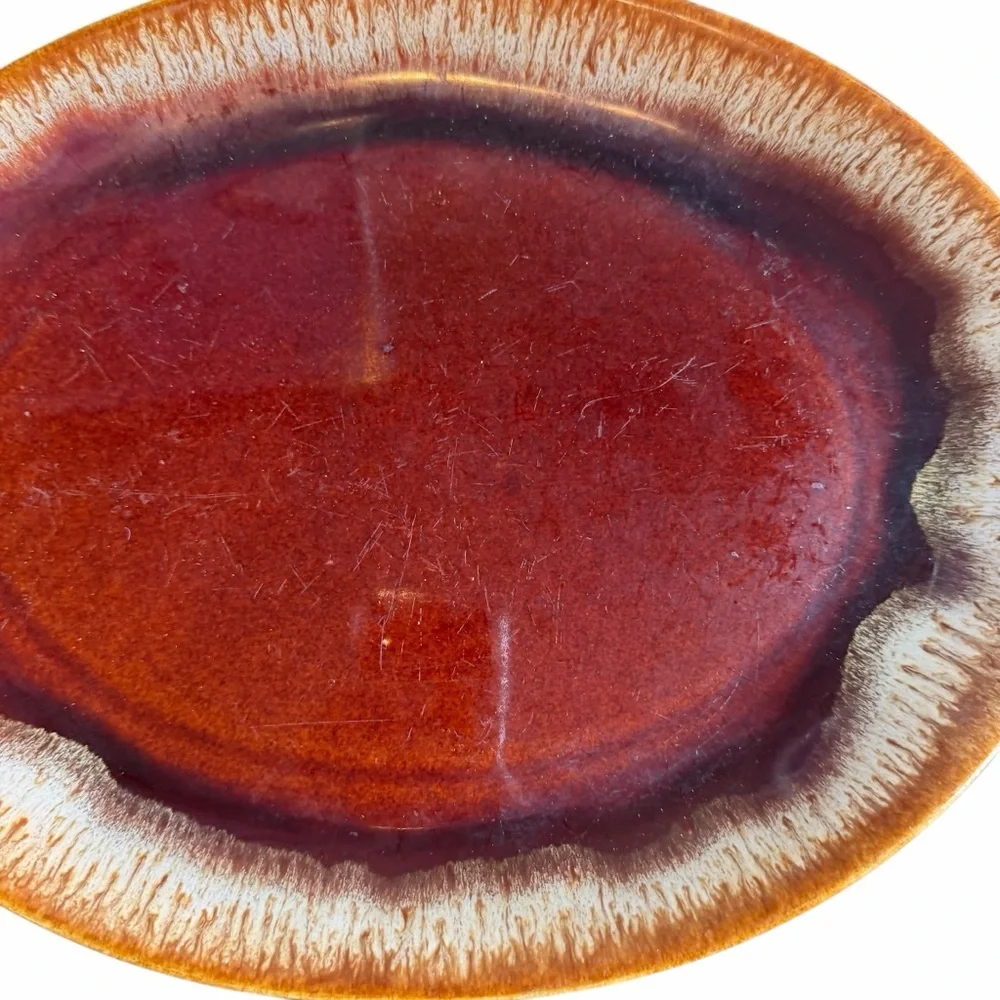 Vintage USA Brown Drip Glaze Oval Serving Platter 13x10 Stoneware Pottery Dish
